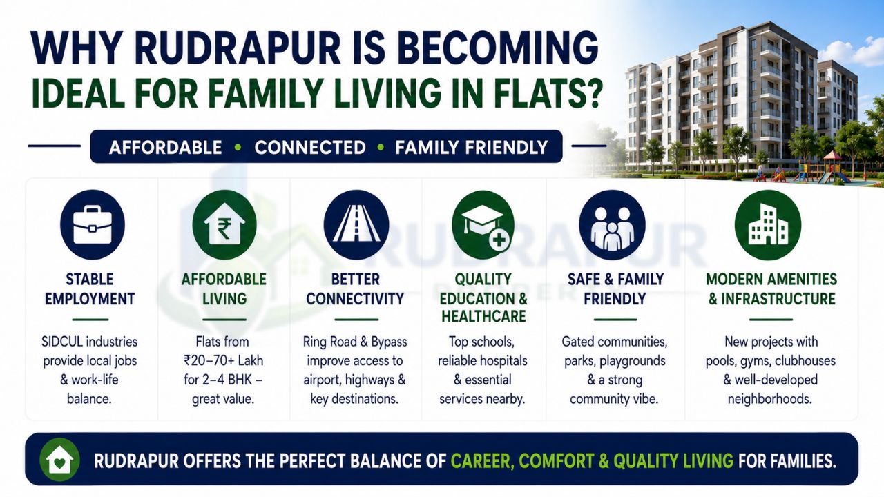 Infographic explaining why Rudrapur is an excellent city for family living, highlighting employment, affordable housing, connectivity, education, healthcare, safety, and modern infrastructure.