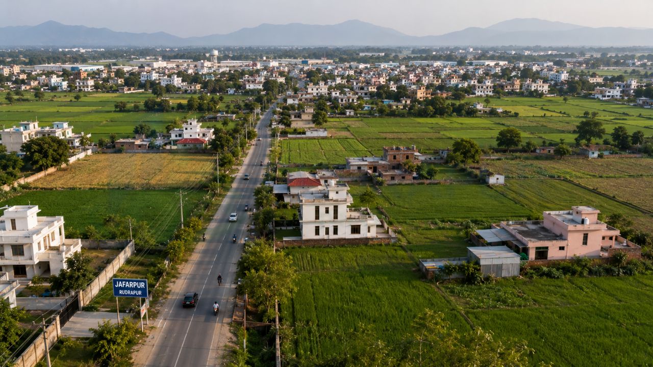 Aerial view of Jafarpur Rudrapur showcasing residential development, green landscapes, road connectivity, and a rapidly growing location for residential plots and real estate investment.