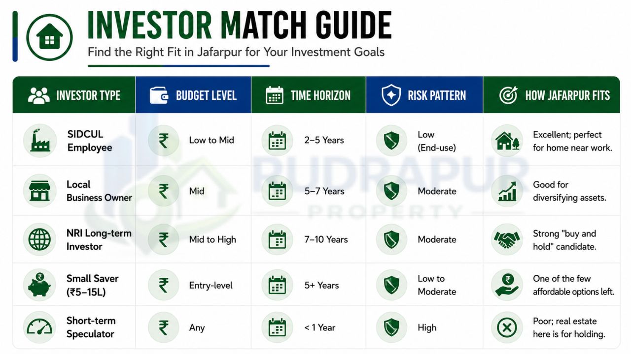 Investor match guide for buying residential plots in Jafarpur Rudrapur comparing investor types, budget levels, investment timelines, risk profiles, and property suitability.