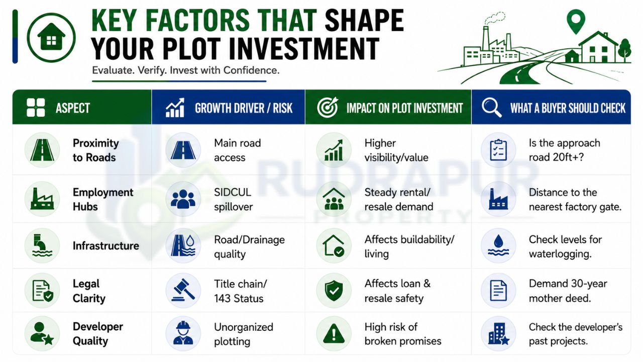 Key factors that influence plot investment in Jafarpur Rudrapur including road connectivity, SIDCUL proximity, infrastructure, legal verification, and developer credibility.