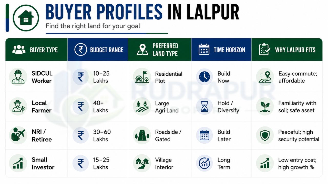 Buyer profiles for residential plots in Lalpur Rudrapur showing buyer types, budget ranges, preferred land options, investment timelines, and property goals.