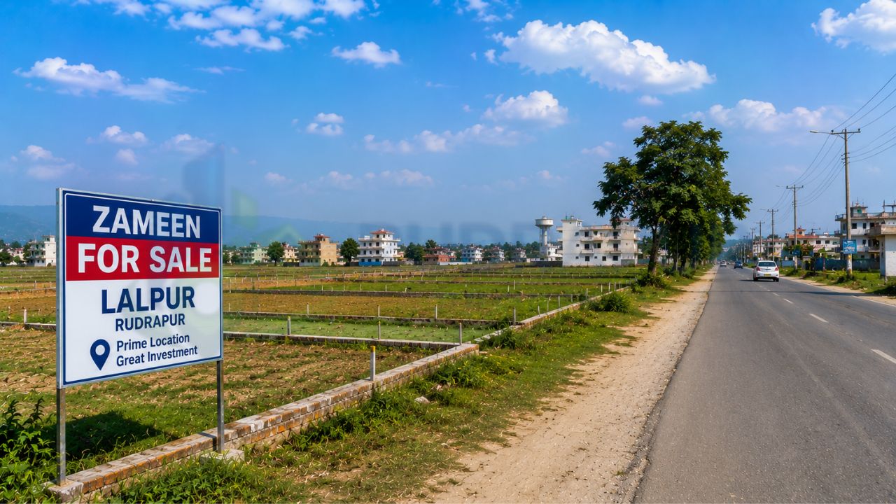 Zameen for sale in Lalpur Rudrapur showcasing residential plots with wide road connectivity, prime location, developing infrastructure, and excellent real estate investment potential.