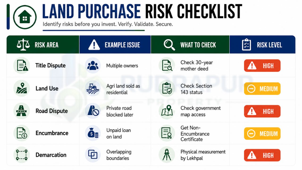 Land purchase risk checklist for buying plots in Lalpur Rudrapur covering title disputes, land use verification, road access, encumbrance checks, and boundary demarcation.