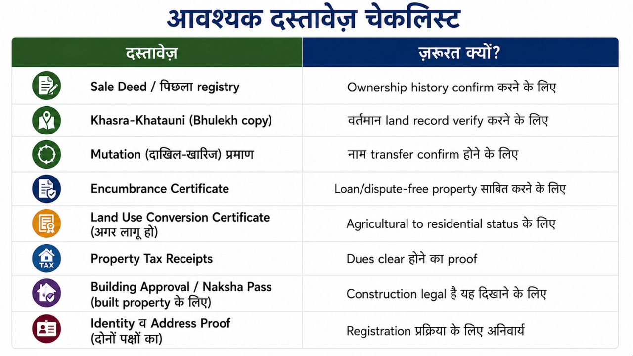 रुद्रपुर में प्रॉपर्टी खरीदने से पहले आवश्यक कानूनी दस्तावेज़ों की चेकलिस्ट दर्शाता हुआ हिंदी इन्फोग्राफिक।