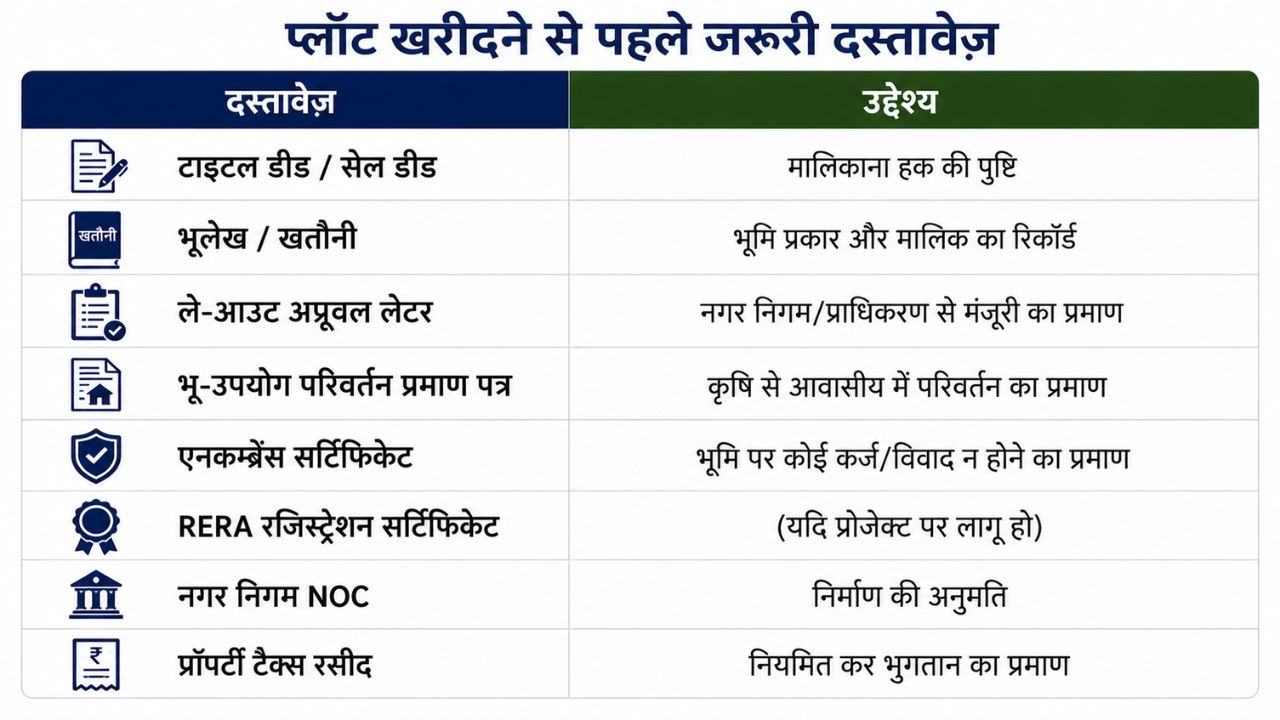 Infographic listing the essential documents required before buying a plot in Rudrapur, including sale deed, Khatauni, layout approval, land use conversion, encumbrance certificate, RERA registration, municipal NOC, and property tax receipt.