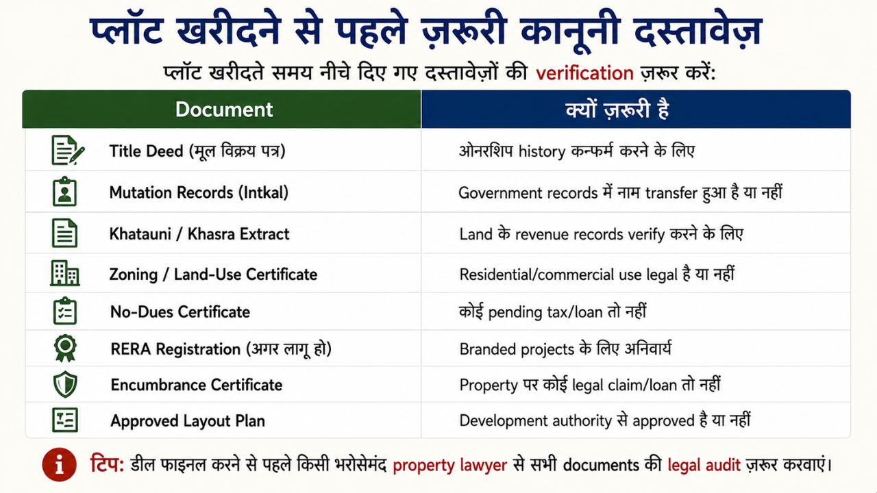 Infographic showing the essential legal documents to verify before buying a plot in Rudrapur, including title deed, mutation records, khasra, RERA registration, encumbrance certificate, and approved layout plan.