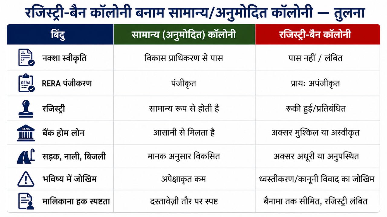 इन्फोग्राफिक जिसमें रजिस्ट्री-बैन कॉलोनी और सामान्य (अनुमोदित) कॉलोनी के बीच लेआउट स्वीकृति, RERA पंजीकरण, रजिस्ट्री, बैंक लोन, सड़क, बिजली, भविष्य के जोखिम और स्वामित्व अधिकार की तुलना दिखाई गई है।