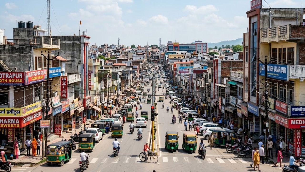 Busy commercial market road in Rudrapur, Uttarakhand, representing the city's real estate market and a guide to checking the illegal colony list before purchasing property.
