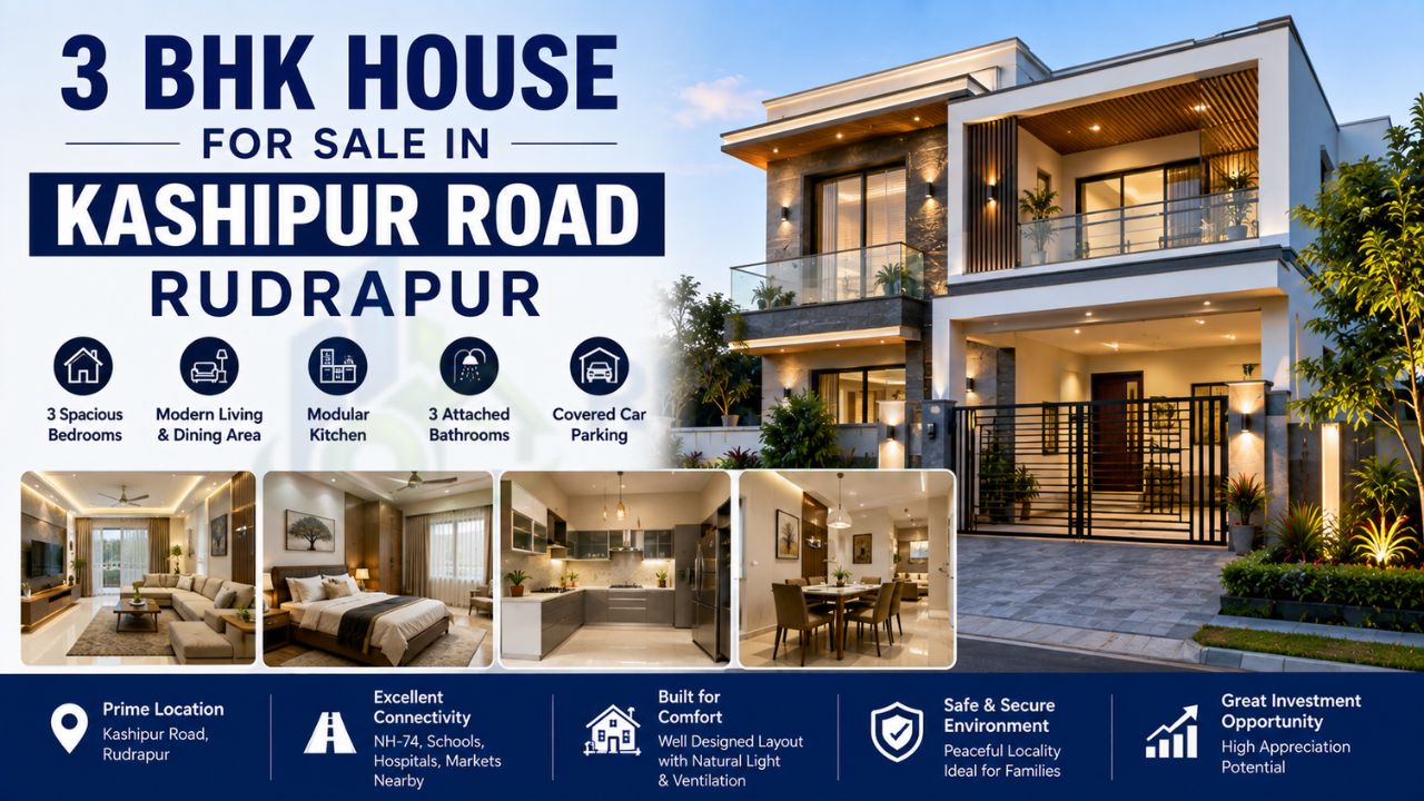 Modern 3 BHK house for sale on Kashipur Road Rudrapur with three bedrooms, modular kitchen, attached bathrooms, parking, and modern interiors