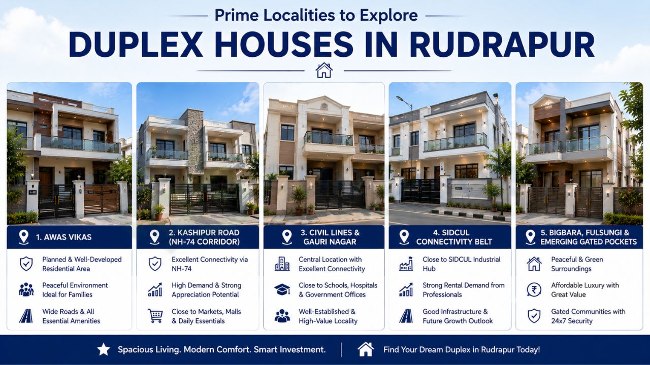 Duplex houses for sale in Rudrapur across Awas Vikas, Kashipur Road, Civil Lines, Gauri Nagar, SIDCUL belt, Bigbara, and Fulsungi