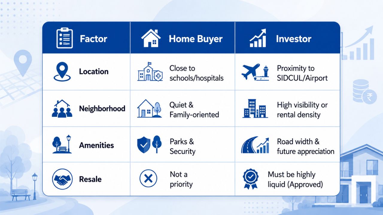 Comparison of buying a plot for a home versus buying a plot as an investment, including location, neighborhood, amenities, and resale factors.
