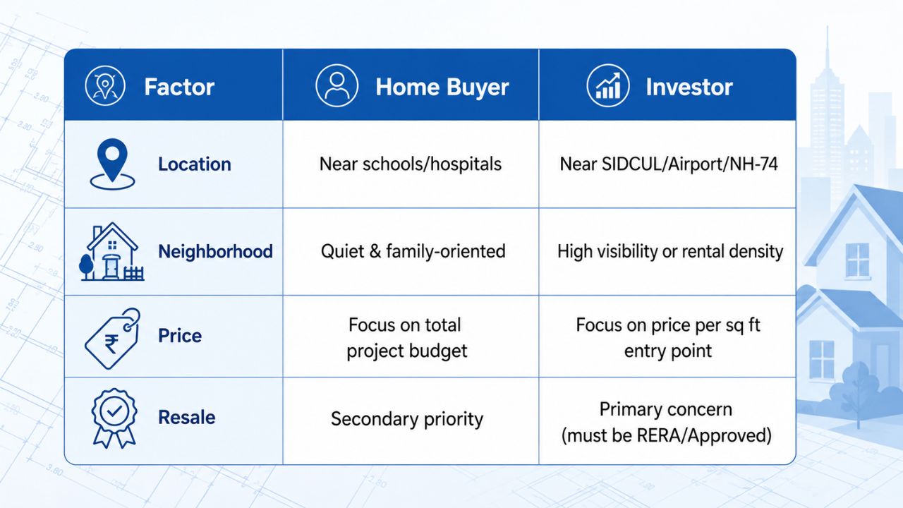 Rudrapur property comparison showing priorities for home buyers and investors, including location, neighborhood, price, and resale value.