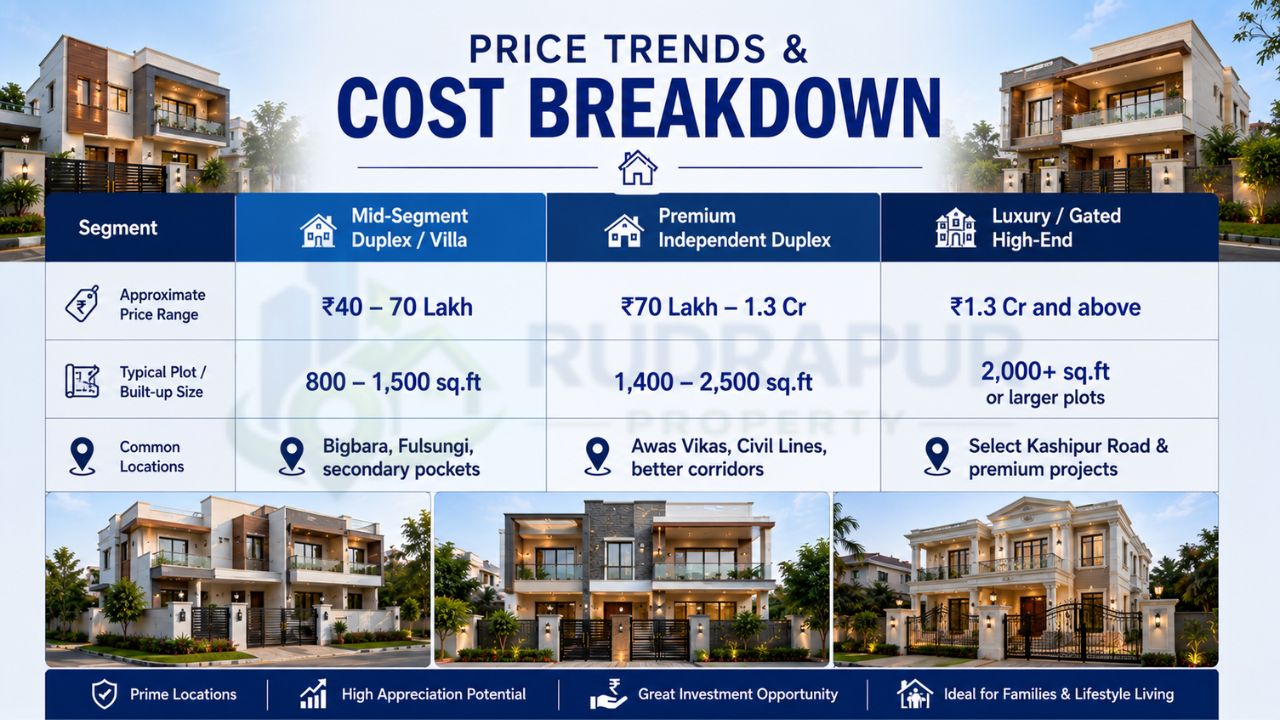 Price comparison of duplex and villa properties in Rudrapur showing mid-segment, premium independent, and luxury gated homes with estimated prices and sizes
