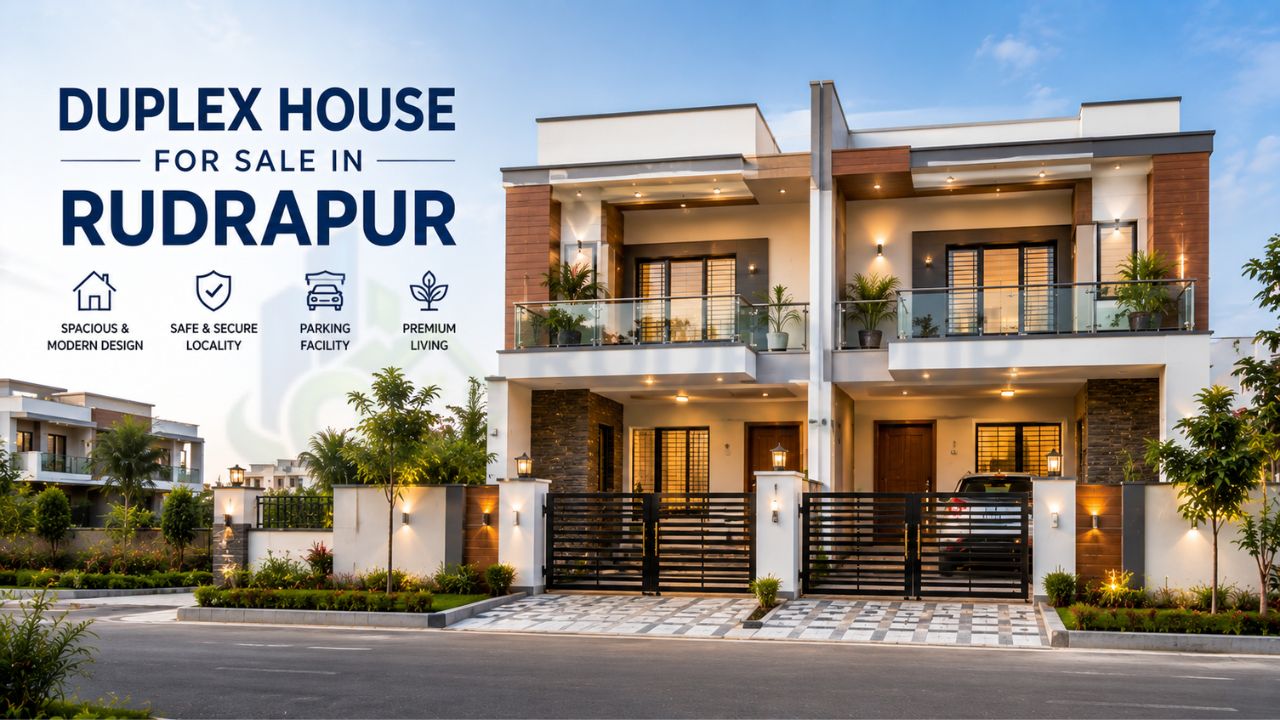 Modern duplex house for sale in Rudrapur featuring spacious design, secure locality, parking, landscaped frontage, and premium residential living