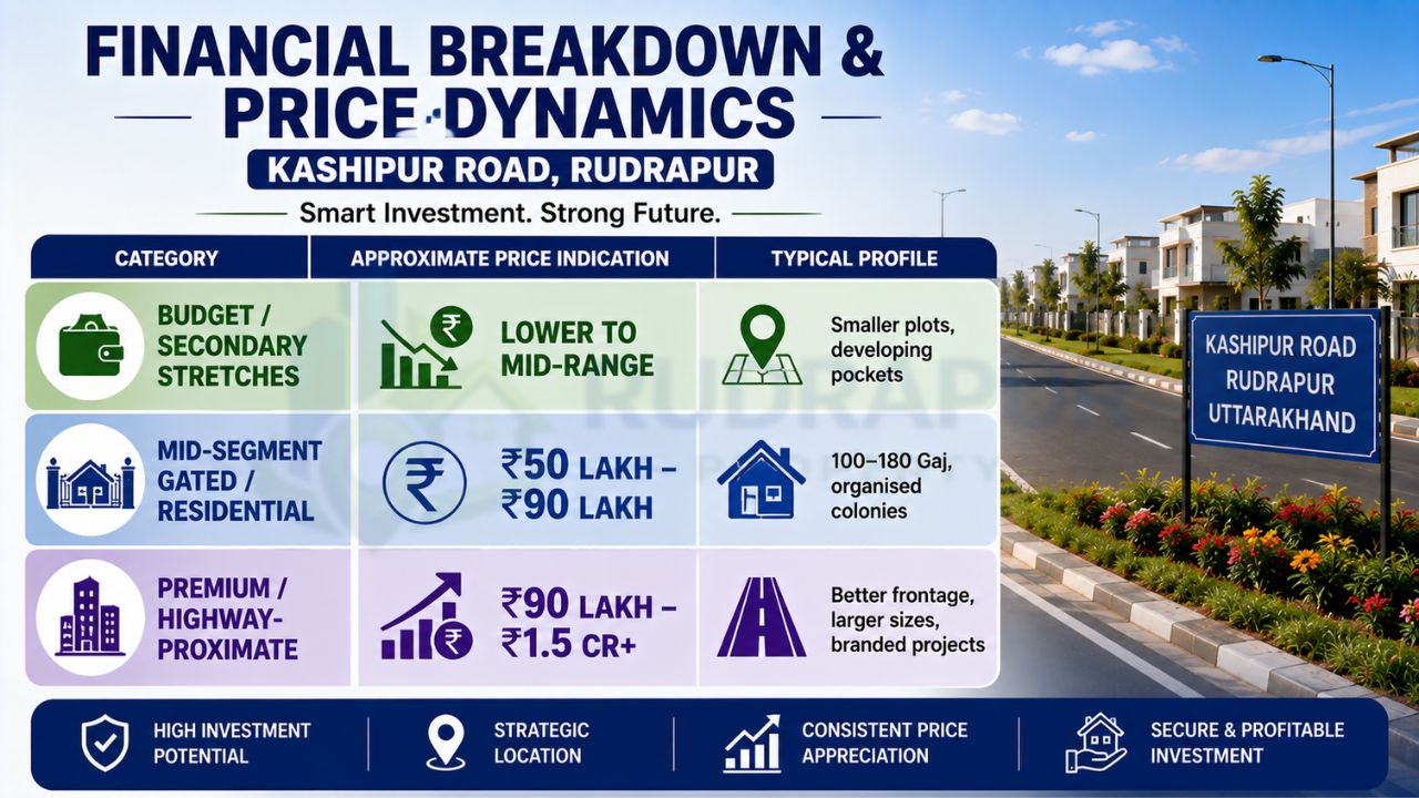 Financial breakdown of property prices on Kashipur Road Rudrapur showing budget, mid-segment gated, and premium highway-proximate properties