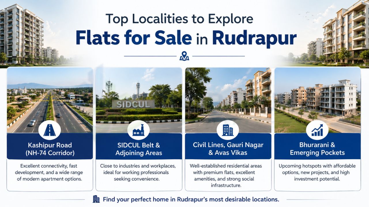 Infographic showing top localities for flats for sale in Rudrapur including Kashipur Road, SIDCUL, Civil Lines, Gauri Nagar, Awas Vikas, and emerging areas