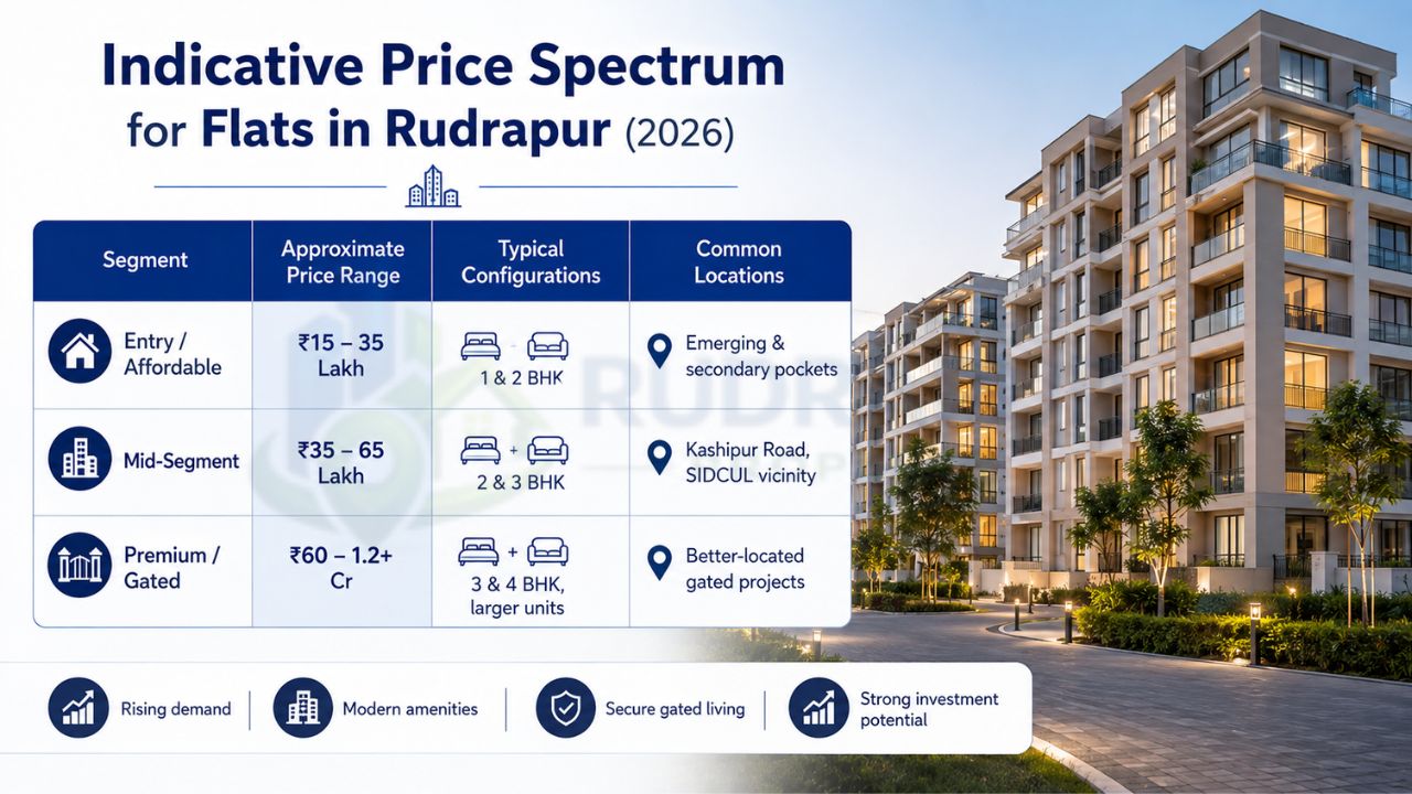 2026 price guide showing affordable, mid-segment, and premium flats for sale in Rudrapur with typical configurations and locations