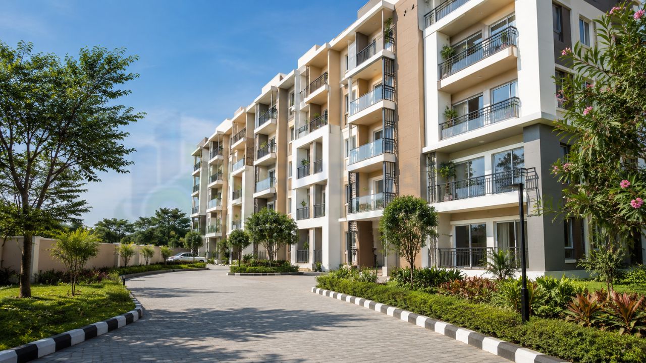 Modern apartment complex with landscaped gardens and residential flats for sale in Rudrapur, Uttarakhand