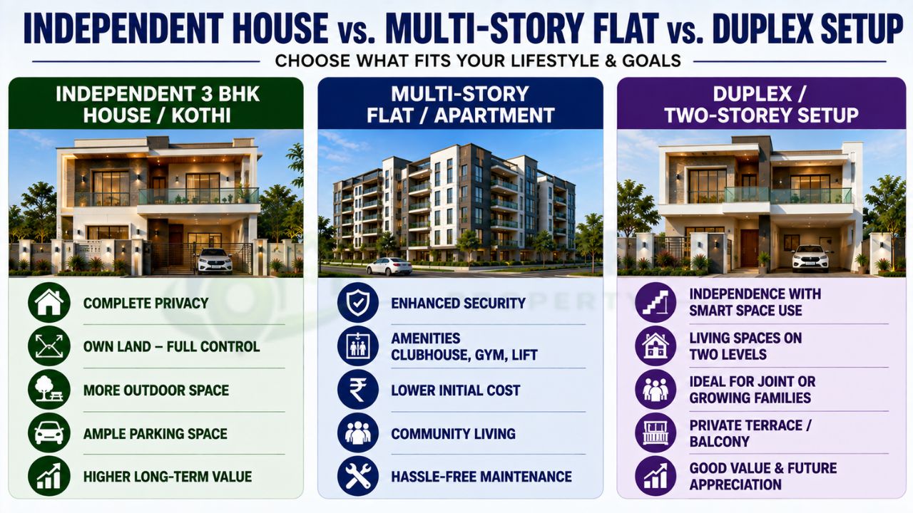 Comparison of independent 3 BHK houses, multi-story flats, and duplex homes in Rudrapur based on privacy, amenities, space, cost, and lifestyle