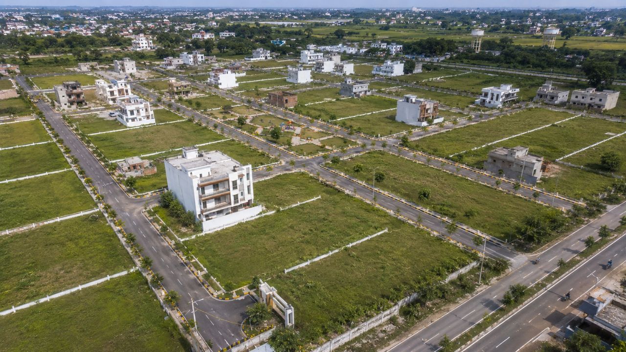A wide view of a developed residential plotting area in Rudrapur featuring open plots, paved internal roads, modern streetlights, landscaped areas, and residential houses. The image represents legal and well-planned residential plots available for buyers in Rudrapur.