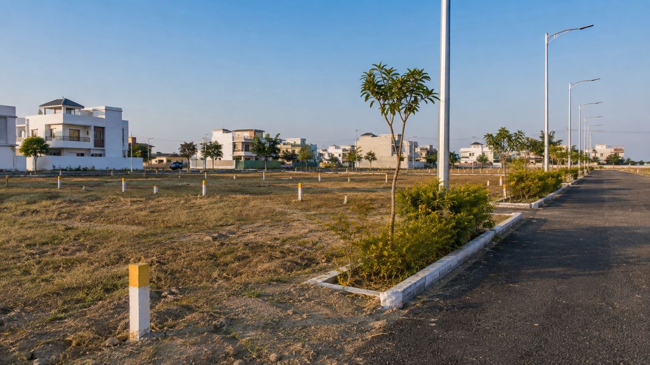Legal plots for sale in Rudrapur with developed roads, street lighting, landscaped surroundings, and residential houses.