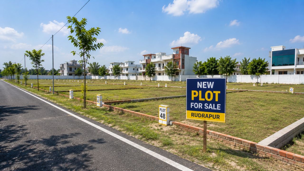 New plot for sale in Rudrapur with marked residential plots, paved road access, landscaped surroundings, and nearby homes.