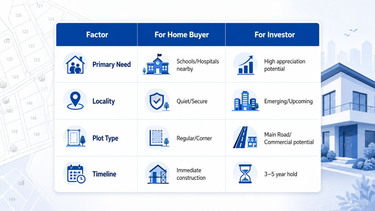 Comparison of plot buying factors for home buyers and investors in Rudrapur, including location, plot type, primary needs, and investment timeline.