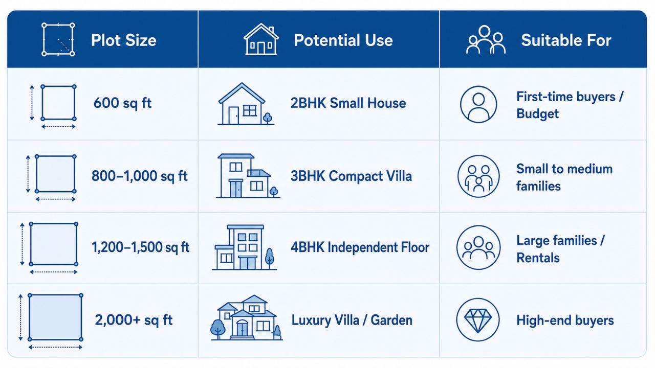 Plot size analysis in Rudrapur showing 600 sq ft, 800–1,000 sq ft, 1,200–1,500 sq ft, and 2,000+ sq ft plots and their suitable uses.