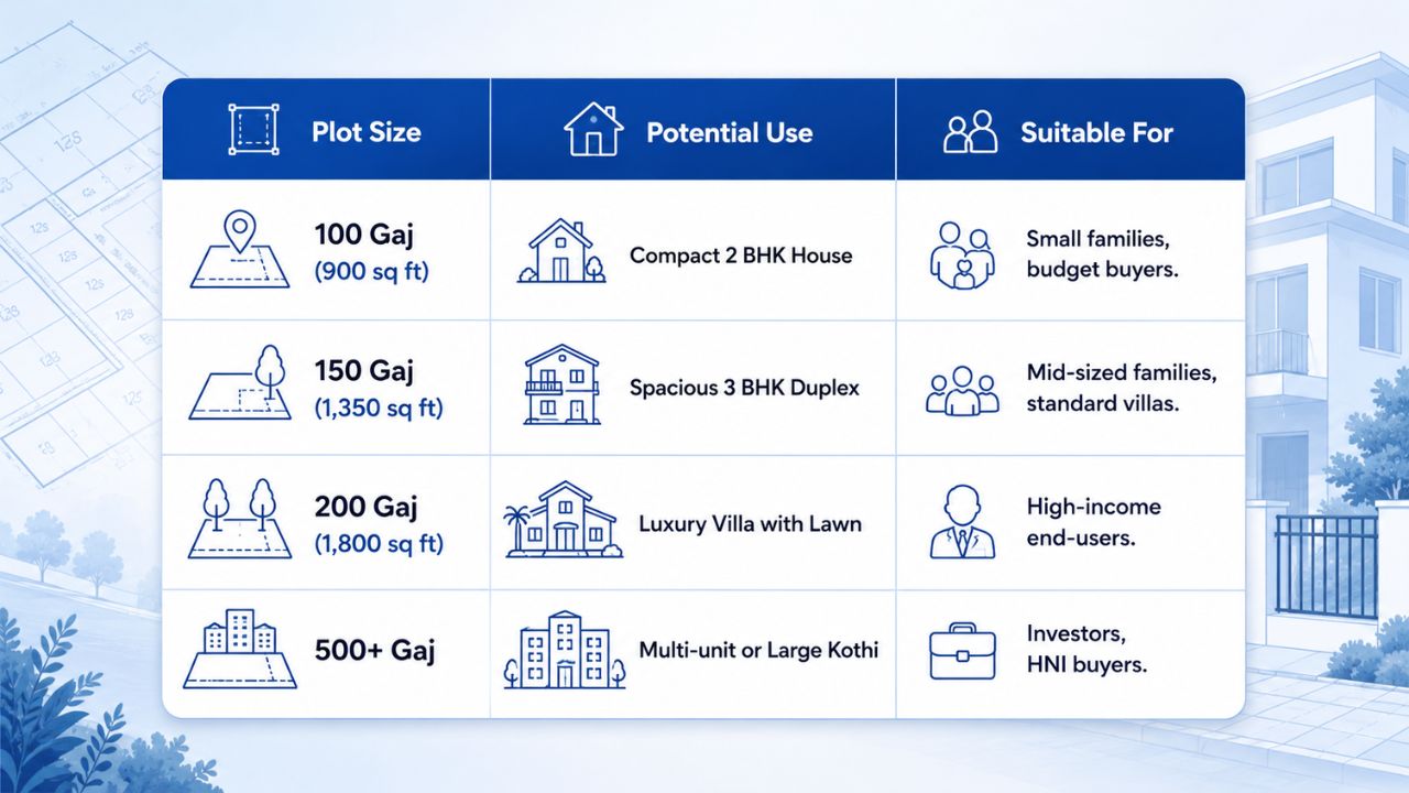 Plot size comparison in Rudrapur showing 100, 150, 200, and 500+ Gaj plots with suitable home designs and buyer types.