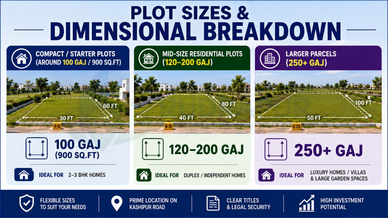 Plot size comparison on Kashipur Road Rudrapur showing 100 Gaj, 120 to 200 Gaj, and 250 plus Gaj residential plots