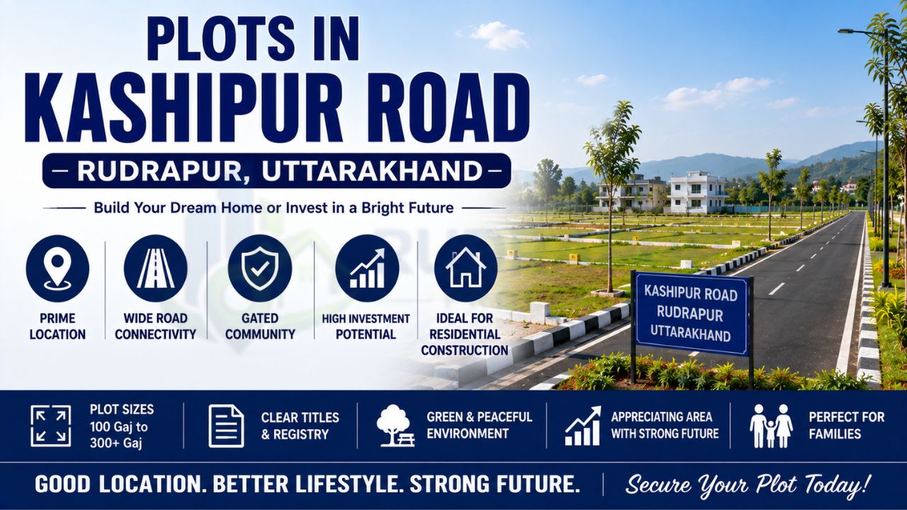 Residential plots in Kashipur Road Rudrapur with wide roads, gated communities, clear titles, multiple plot sizes, and investment potential