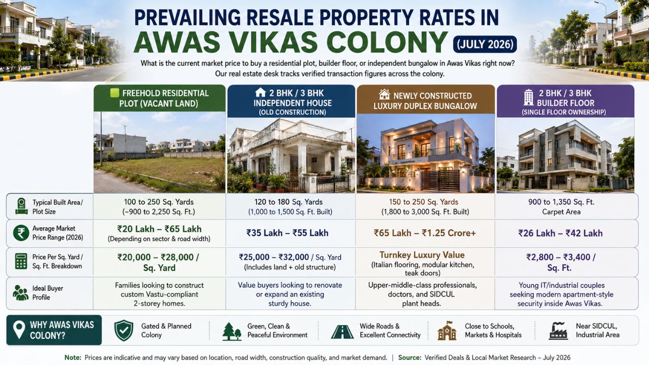 Prevailing resale property rates in Awas Vikas Colony for residential plots, independent houses, luxury bungalows, and builder floors