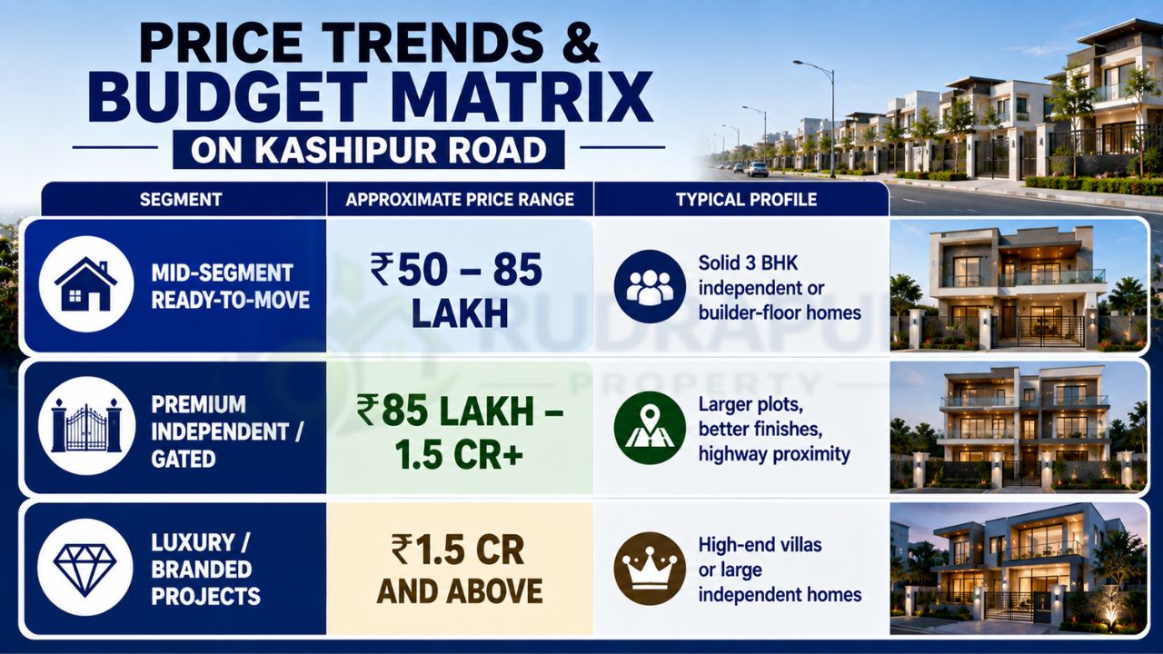 Property price comparison on Kashipur Road Rudrapur showing mid-segment, premium gated, and luxury homes with estimated budget ranges