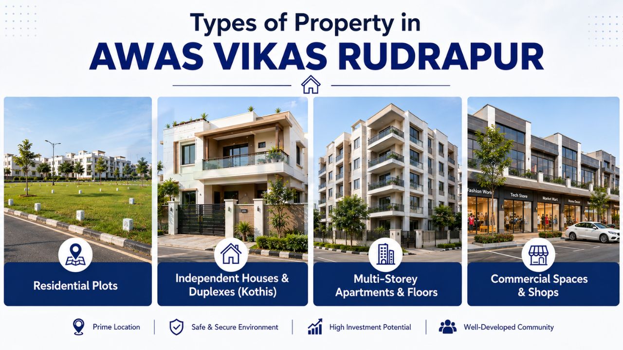 Infographic showing residential plots, independent houses, duplexes, multi-storey apartments, floors, commercial spaces, and shops in Awas Vikas Rudrapur