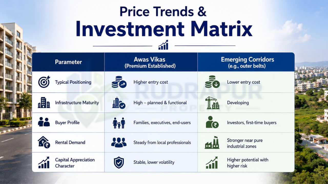 Price and investment comparison of Awas Vikas Rudrapur and emerging property corridors, covering entry cost, infrastructure, buyer profile, rental demand, and appreciation potential