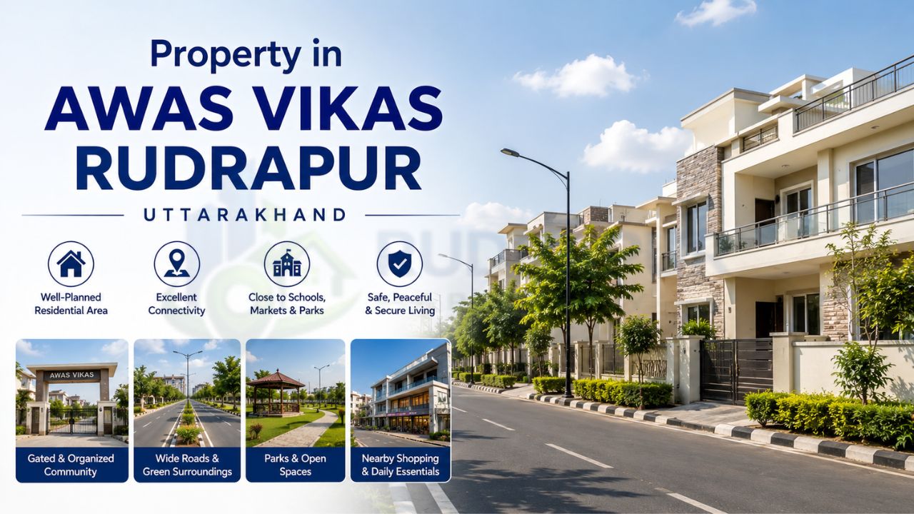 Awas Vikas Rudrapur residential area showing organized streets, independent houses, parks, green spaces, shopping areas, schools, and community facilities