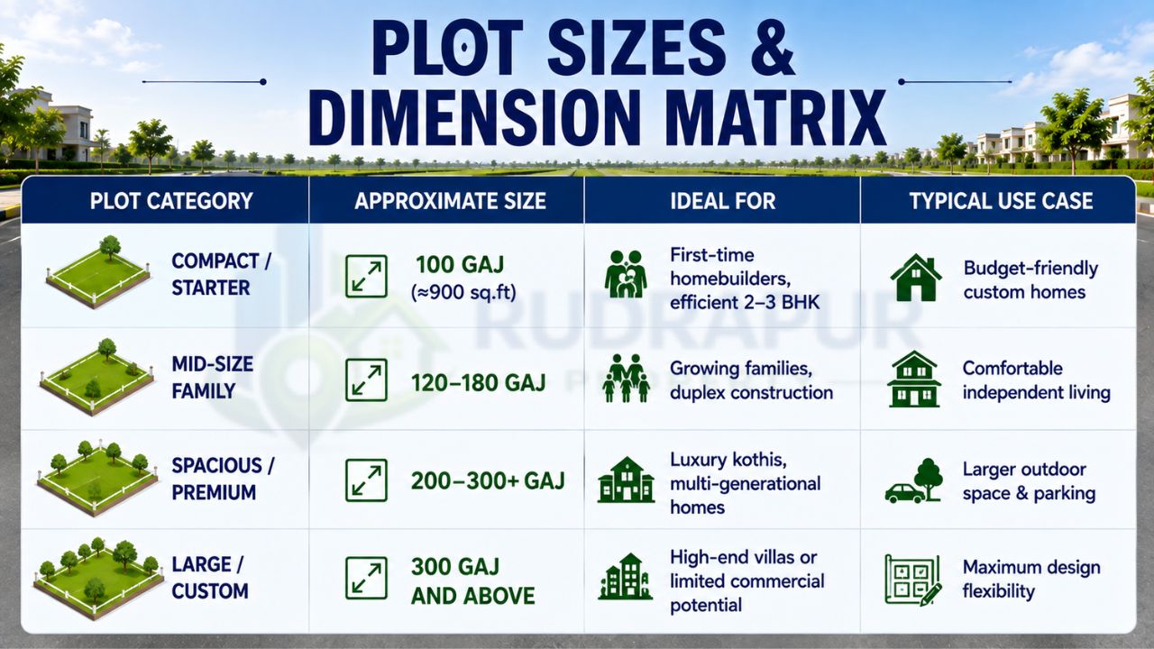 Residential plot size comparison in Rudrapur showing 100, 120β180, 200β300 and 300 plus gaj plots for different homebuilding needs