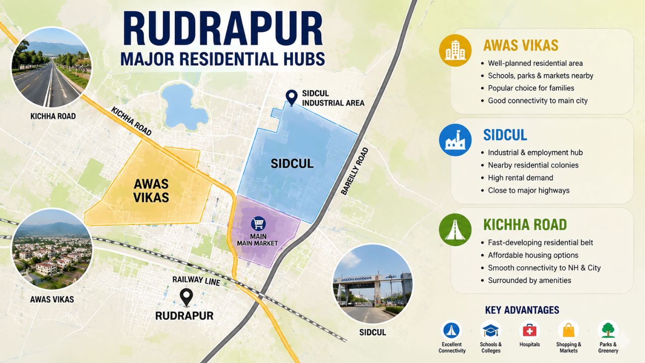 Rudrapur localities comparison showing Awas Vikas, SIDCUL Industrial Area, and Kichha Road residential hubs