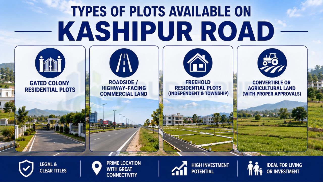 Types of plots on Kashipur Road Rudrapur including gated colony plots, highway-facing commercial land, freehold residential plots, and agricultural land