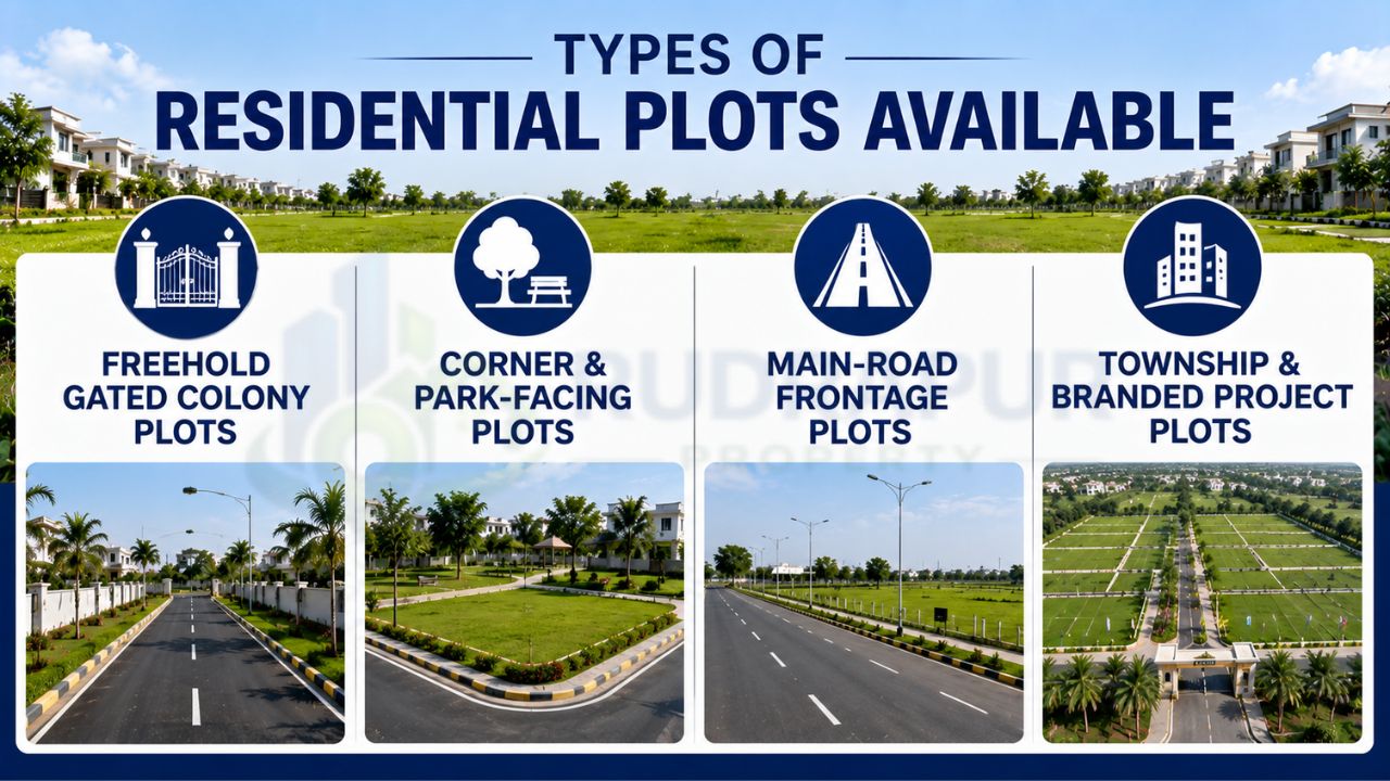 Types of residential plots in Rudrapur including freehold gated colony, corner and park-facing, main-road frontage, and township plots