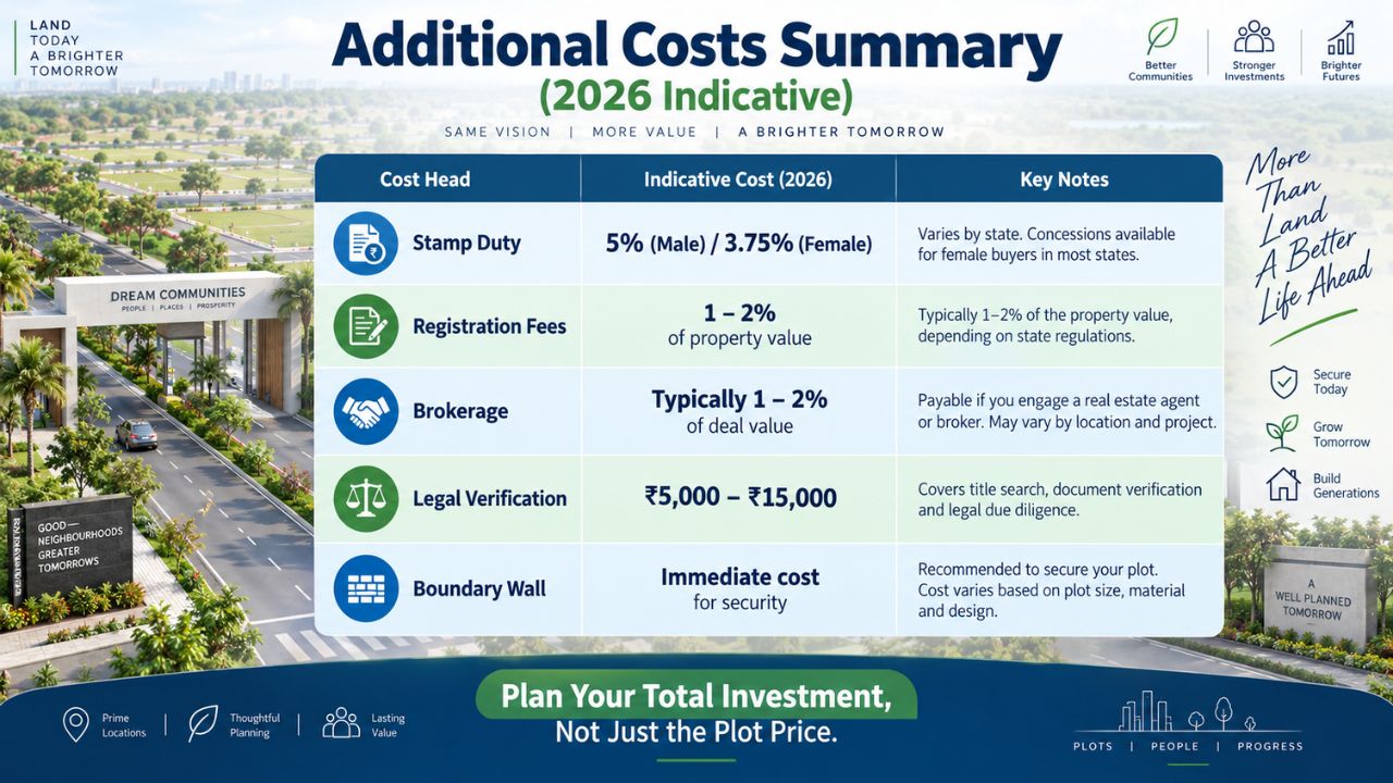 Additional costs of buying a residential plot in Rudrapur including stamp duty, registration, brokerage and legal verification