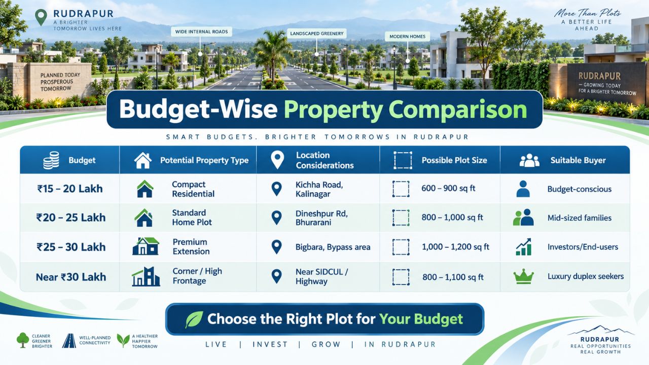 Budget-wise property comparison in Rudrapur showing plot options from ₹15 lakh to ₹30 lakh, suitable locations, plot sizes, and buyer categories.