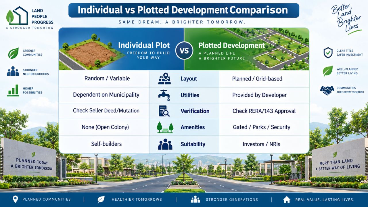 Individual plot vs plotted development comparison in Rudrapur showing layout, utilities, verification, amenities, and suitability for buyers.