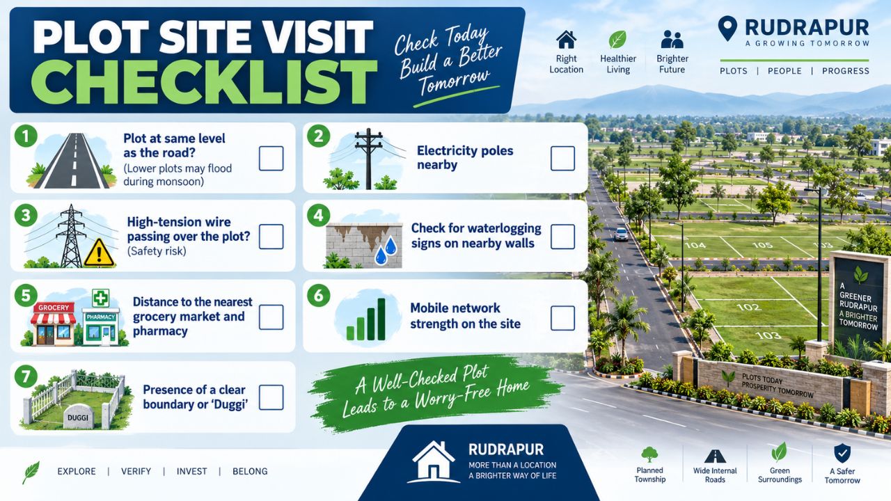 Plot site visit checklist for checking road level, electricity, waterlogging, nearby amenities and mobile network