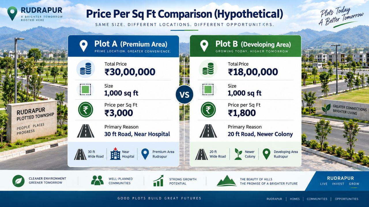 Price per sq ft comparison of residential plots in Rudrapur
