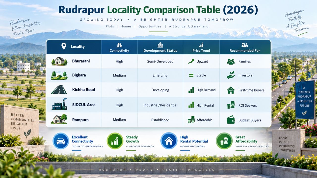 Rudrapur locality comparison showing connectivity, development status, price trends and suitable buyers