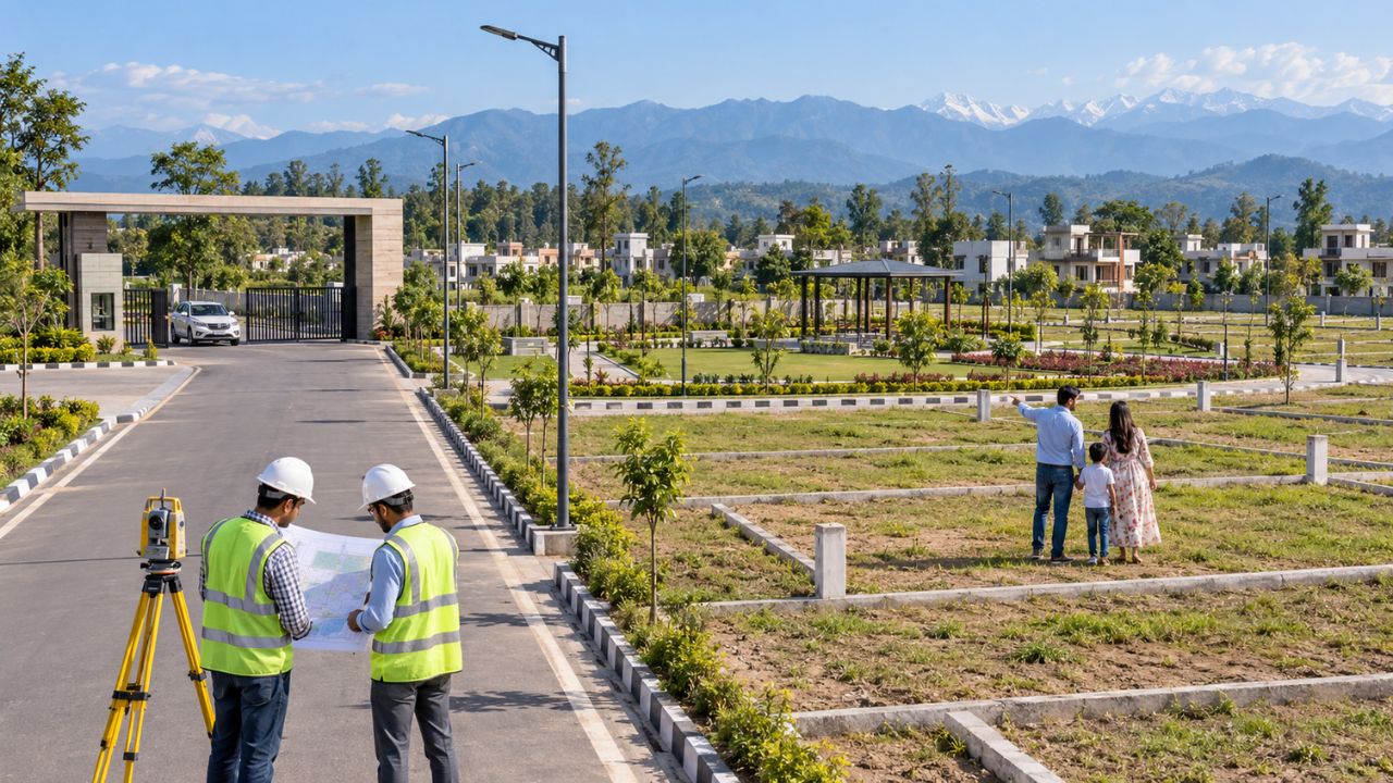 Top residential plots in Rudrapur with planned roads, landscaped surroundings and mountain views